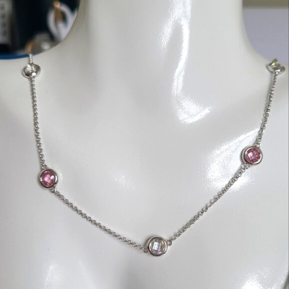 Dainty Sterling Silver Elegant Feminine Pink Round Crystal Chain Necklace - Picture 2 of 9
